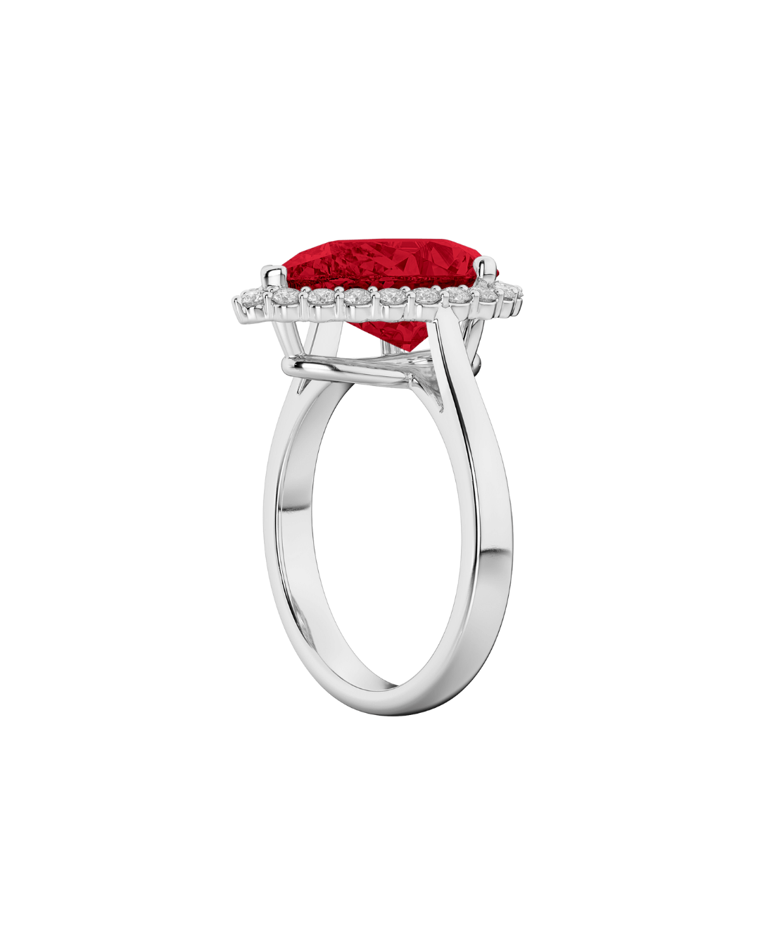 Pear Cut Ruby and Diamond Halo Engagement Ring in 18K White Gold