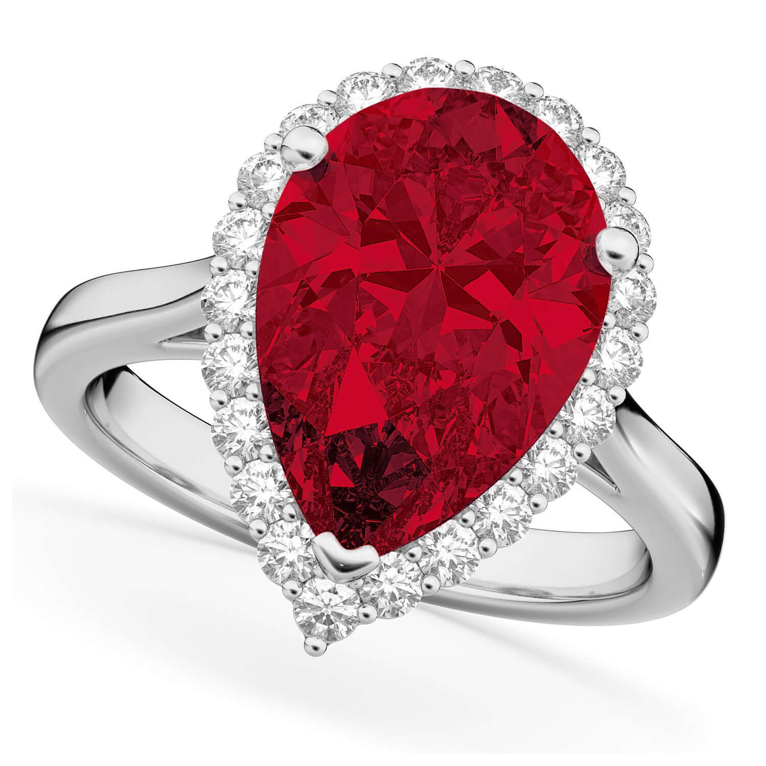 Pear Cut Ruby and Diamond Halo Engagement Ring in 18K White Gold