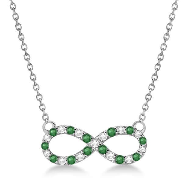 18K White Gold Twisted Infinity Diamond and Emerald Necklace