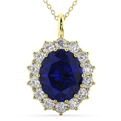 18K Yellow Gold Blue Sapphire and Diamond Halo Pendant Necklace