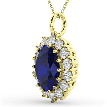 18K Yellow Gold Blue Sapphire and Diamond Halo Pendant Necklace