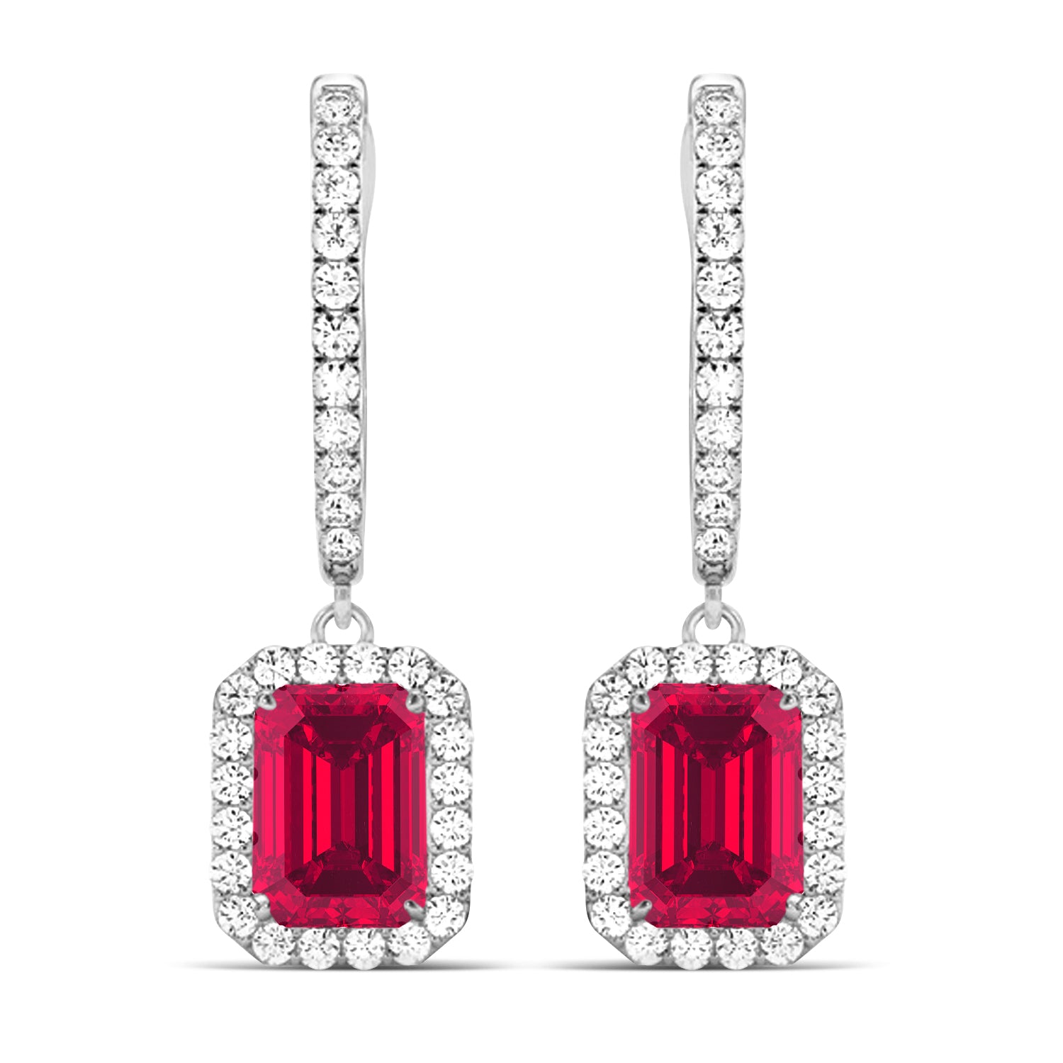 emerald-cut ruby diamond earrings in 18K white gold