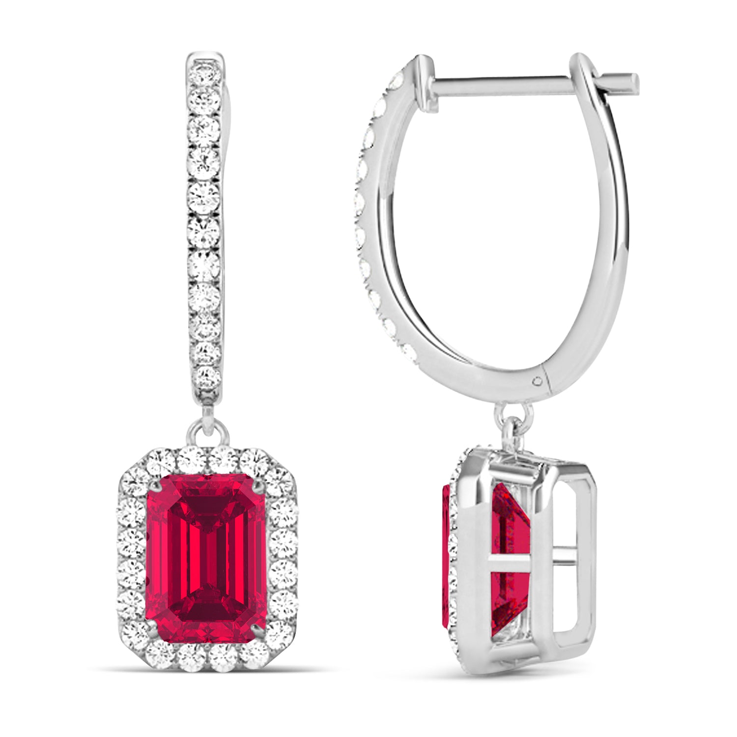emerald-cut ruby diamond earrings in 18K white gold