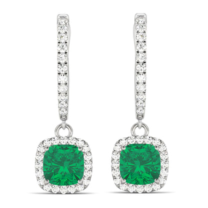 cushion emerald dangle earrings in 18K white gold